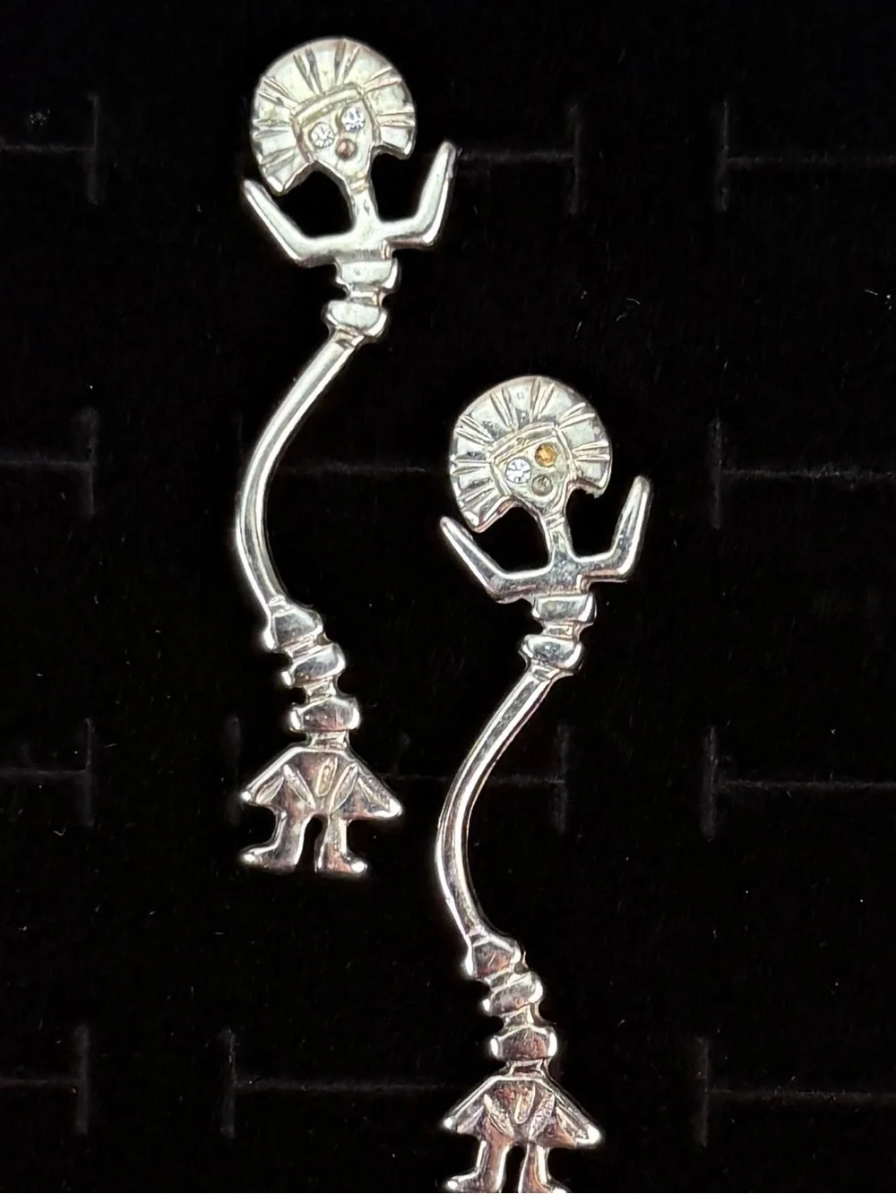 Vintage Silvertone Tribal Figure Pierced Earrings